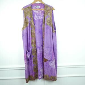 Vintage One Size Duster Vest Topper Purple Batik Boho Beaded Art to Wear 90s